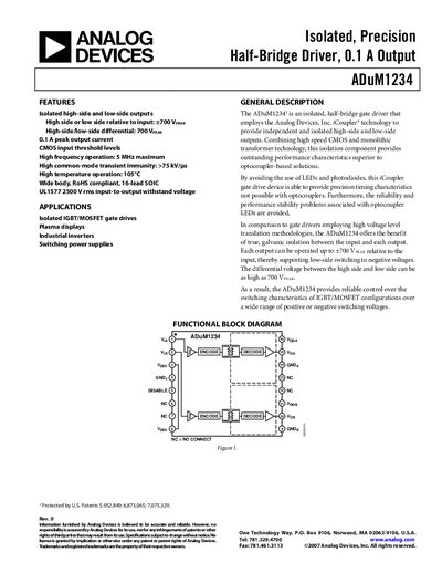 Analog Devices ADuM1234 Isolated Half-Bridge Driver Datasheet - cover page