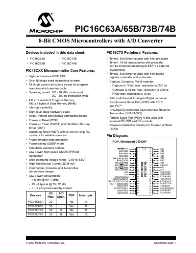 Microchip PIC16C63A/65B/73B/74B Datasheet - cover page
