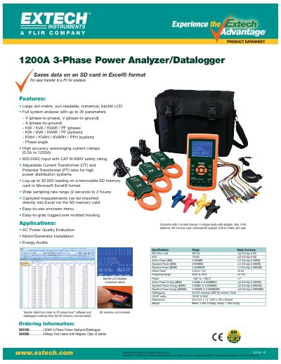 Extech 1200A 3-Phase Power Analyzer/Datalogger Specifications Sheet - cover page