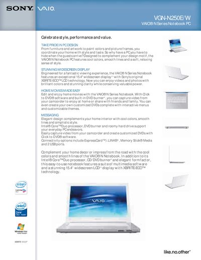 Sony VGN-N250E/W User Manual - cover page