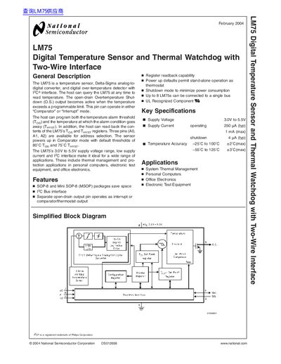 National Semiconductor LM75 Digital Temperature Sensor Two-Wire Interface Datasheet - cover page