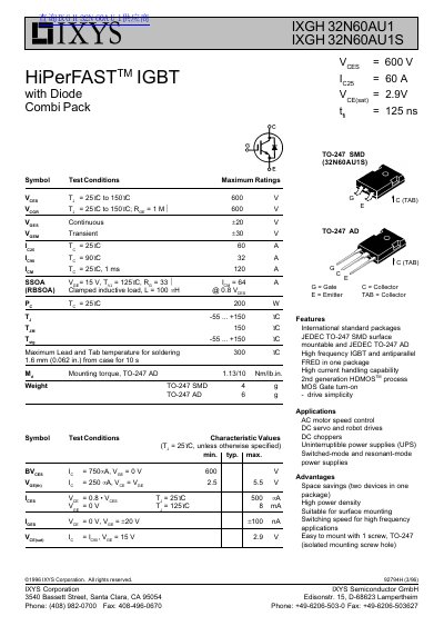 IXYS IXGH 32N60AU1/IXGH 32N60AU1S handbook - cover page
