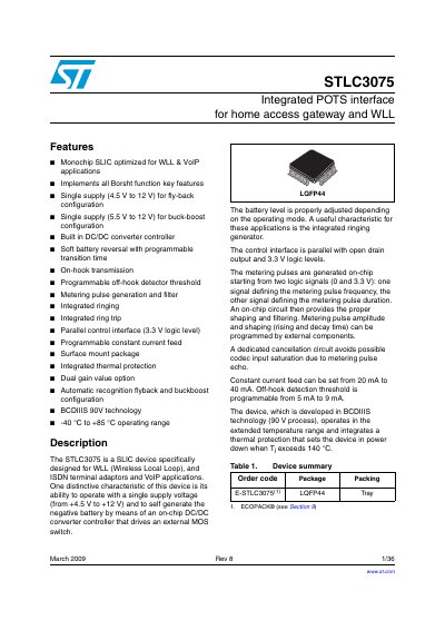 STLC3075 Integrated POTS Interface Datasheet