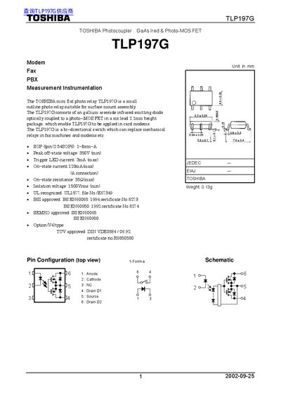 Toshiba TLP197G Photocoupler Datasheet - cover page