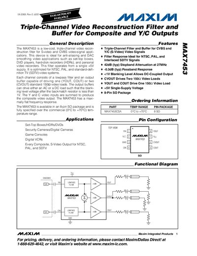 Maxim Integrated MAX7453 Triple-Channel Video Reconstruction Filter and Buffer Datasheet - cover page
