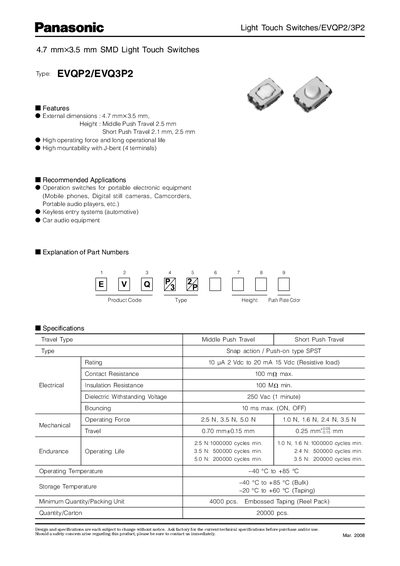 Panasonic EVQP2/EVQ3P2 Light Touch Switches Datasheet - cover page
