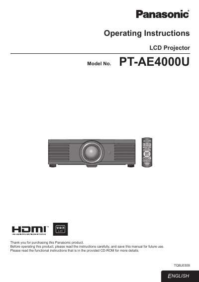 Panasonic PT-AE4000U LCD Projector Operating Instructions - cover page