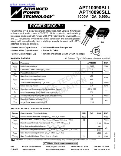 ADVANCED POWER TECHNOLOGY EUROPE APT10090BLL APT10090SLL 1000V 12A 0.900W handbook - cover page