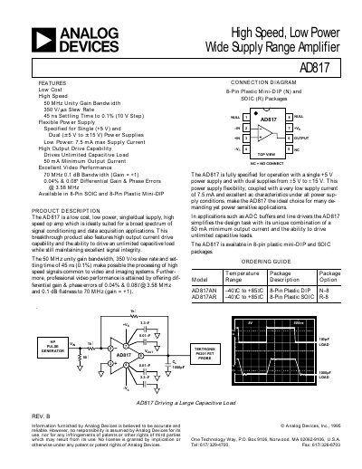 Analog Devices AD817 Operational Amplifier Datasheet - cover page