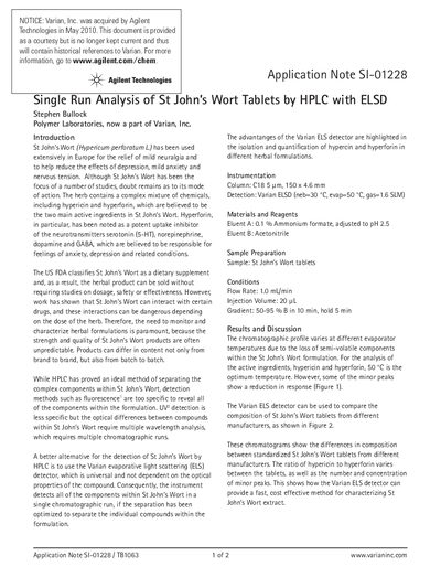 Varian Application Note SI-01228 Single Run Analysis of St John's Wort Tablets by HPLC with ELSD - cover page