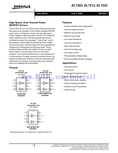 Intersil EL7202/EL7212/EL7222 Dual Channel Power MOSFET Driver Datasheet - cover page