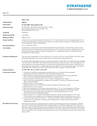 Stratagene XL1-Blue MRF' Supercompetent Cells Transformation Protocol