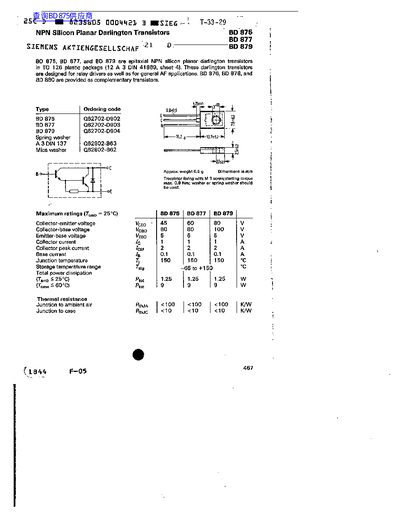 Siemens BD 875, BD 877, BD 879 Darlington Transistor Datasheet - cover page