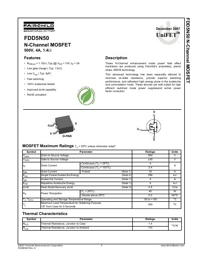 Fairchild Semiconductor FDD5N50 N-Channel MOSFET Datasheet