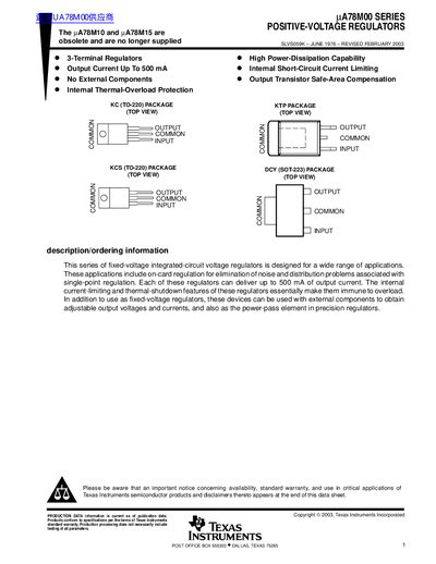 Texas Instruments A78M00 Series Positive-Voltage Regulators Data Sheet
