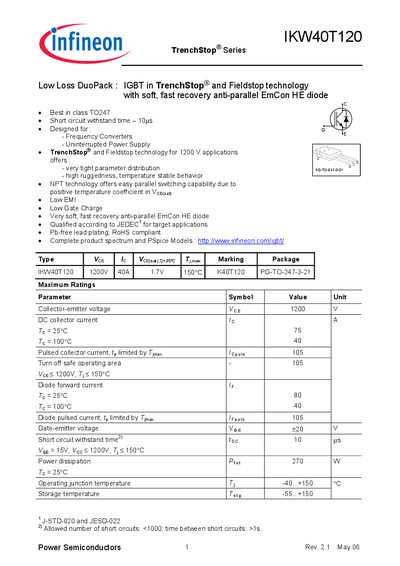 Infineon IKW40T120 Datasheet - cover page