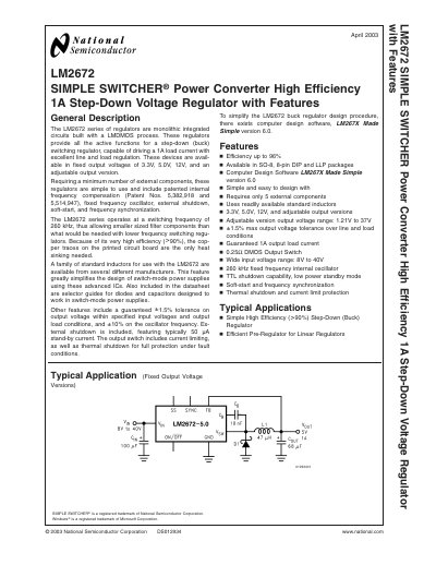 National Semiconductor LM2672 Simple Switcher Power Converter Datasheet - cover page