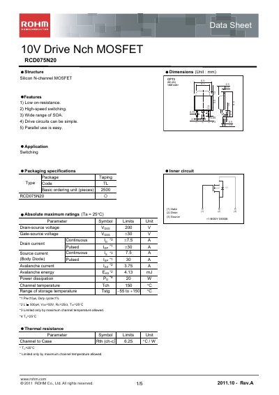 ROHM RCD075N20 Datasheet - cover page