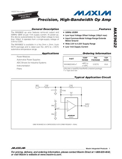 Maxim MAX9622 Precision High‑Bandwidth Op Amp Datasheet - cover page