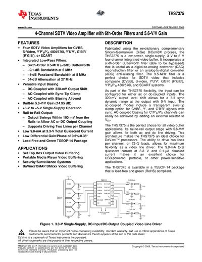 Texas Instruments THS7375 4-Channel SDTV Video Amplifier Datasheet - cover page
