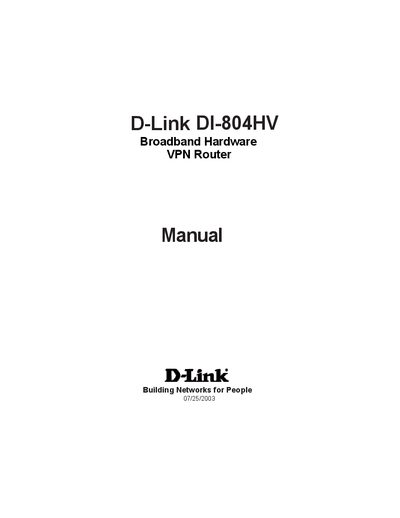 D-Link DI-804HV Broadband Hardware VPN Router Manual - cover page