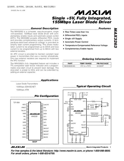 MAXIM MAX3263 Single +5V Fully Integrated 155Mbps Laser Diode Driver Manual - cover page