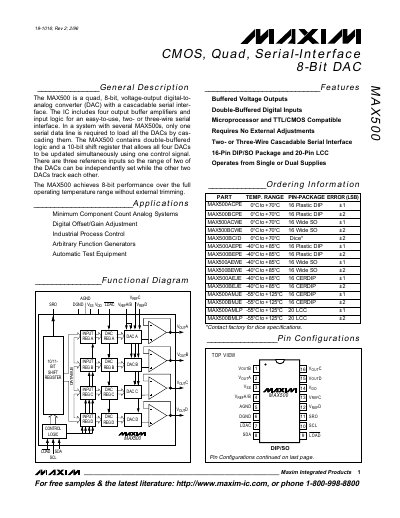 Maxim MAX500 Quad 8‑Bit DAC Datasheet