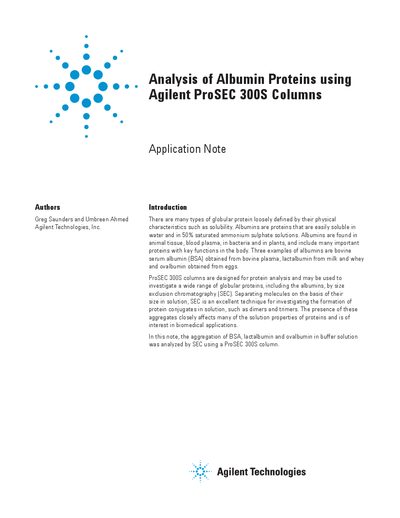Agilent Analysis of Albumin Proteins using ProSEC 300S Columns Manual - cover page