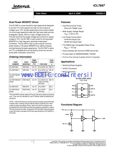 Intersil ICL7667 Dual Power MOSFET Driver Datasheet - cover page
