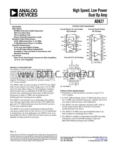 Analog Devices AD827 Dual Op Amp Datasheet - cover page