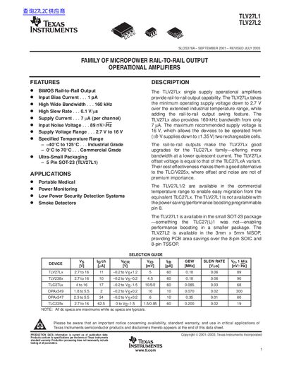 Texas Instruments TLV27L1/TLV27L2 Rail-to-Rail Output Operational Amplifiers Datasheet - cover page