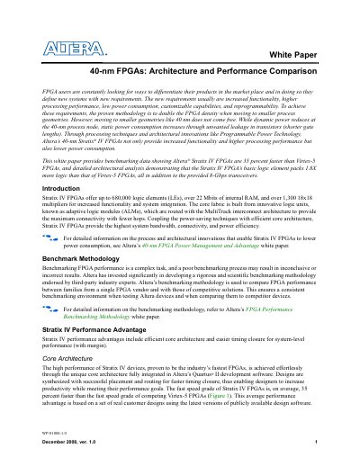 Altera Stratix IV 40-nm FPGA Architecture and Performance Comparison White Paper - cover page