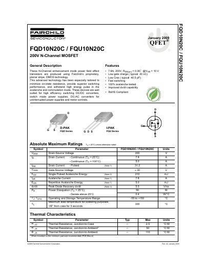 Fairchild Semiconductor FQD10N20C/FQU10N20C 200V N-Channel MOSFET Datasheet - cover page