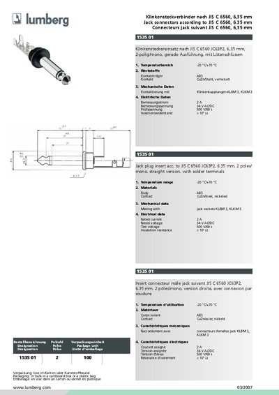 Lumberg 6.35 mm Jack Connector (JIS C 6560) Datasheet - cover page
