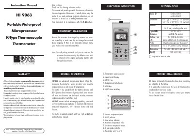 Hanna Instruments HI 9063 Portable Waterproof Microprocessor K-Type Thermocouple Thermometer Instruction Manual - cover page