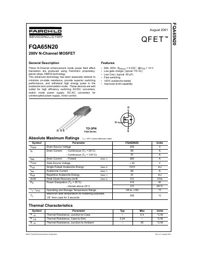 Fairchild FQA65N20 200V N-Channel MOSFET Datasheet - cover page