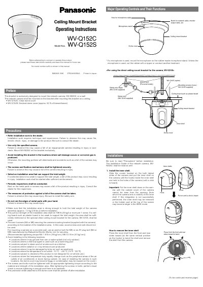 Panasonic WV-Q152C Ceiling Mount Bracket Operating Instructions - cover page