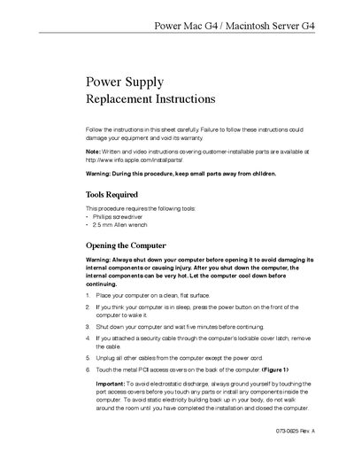 Apple Power Mac G4/Macintosh Server G4 Power Supply Replacement Instructions - cover page