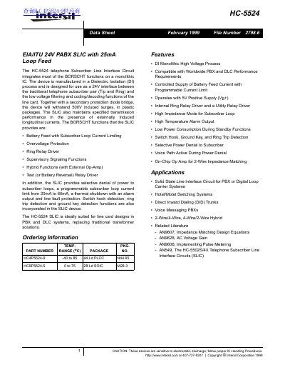 Intersil HC-5524 Data Sheet - cover page