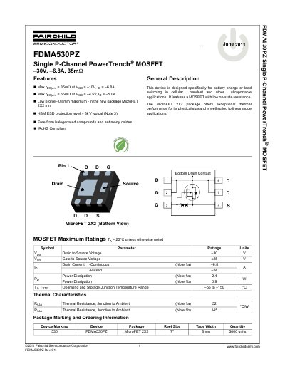 Fairchild Semiconductor FDMA530PZ Single P-Channel PowerTrench MOSFET Datasheet - cover page
