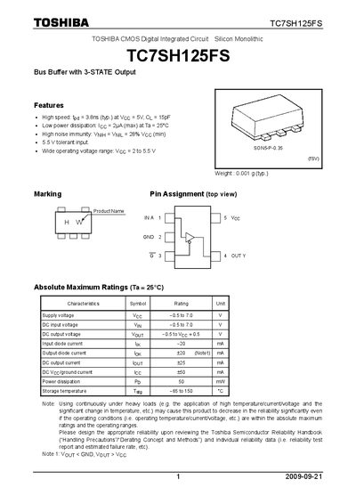 Toshiba TC7SH125FS Datasheet - cover page
