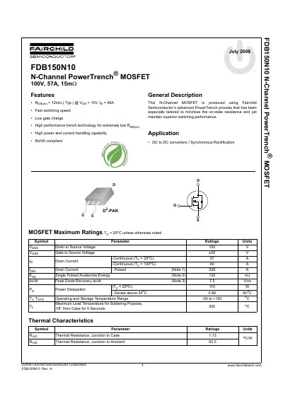 Fairchild FDB150N10 N-Channel MOSFET Datasheet - cover page