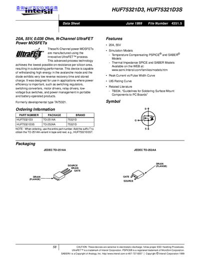 Intersil HUF75321D3/HUF75321D3S N-Channel Power MOSFET Datasheet - cover page