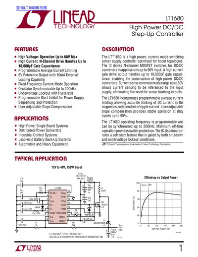 Linear Technology LT1680 High Power DC/DC Step-Up Controller Datasheet - cover page