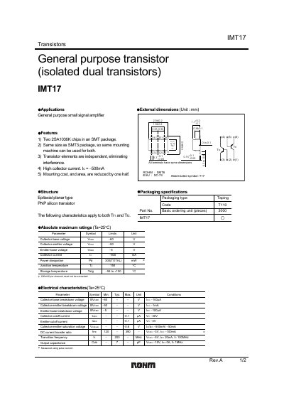 ROHM IMT17 Transistor Datasheet - cover page