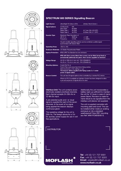 Spectrum 600 Series Signalling Beacon Product Data Sheet - cover page
