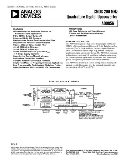 Analog Devices AD9856 CMOS 200 MHz Quadrature Digital Upconverter Datasheet - cover page