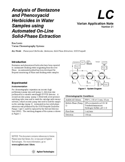 Varian 9200 Prospekt Application Note: Analysis of Bentazone and Phenoxyacid Herbicides - cover page