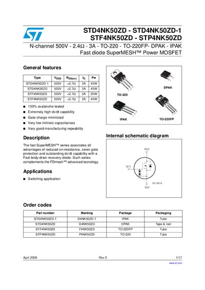 STMICROELECTRONICS -STD4NK50ZD - STD4NK50ZD-1 STF4NK50ZD - STP4NK50ZD handbook - cover page