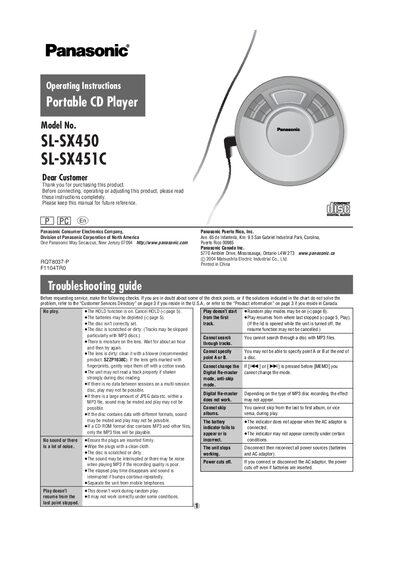 Panasonic SL-SX450/SL-SX451C Portable CD Player Operating Instructions